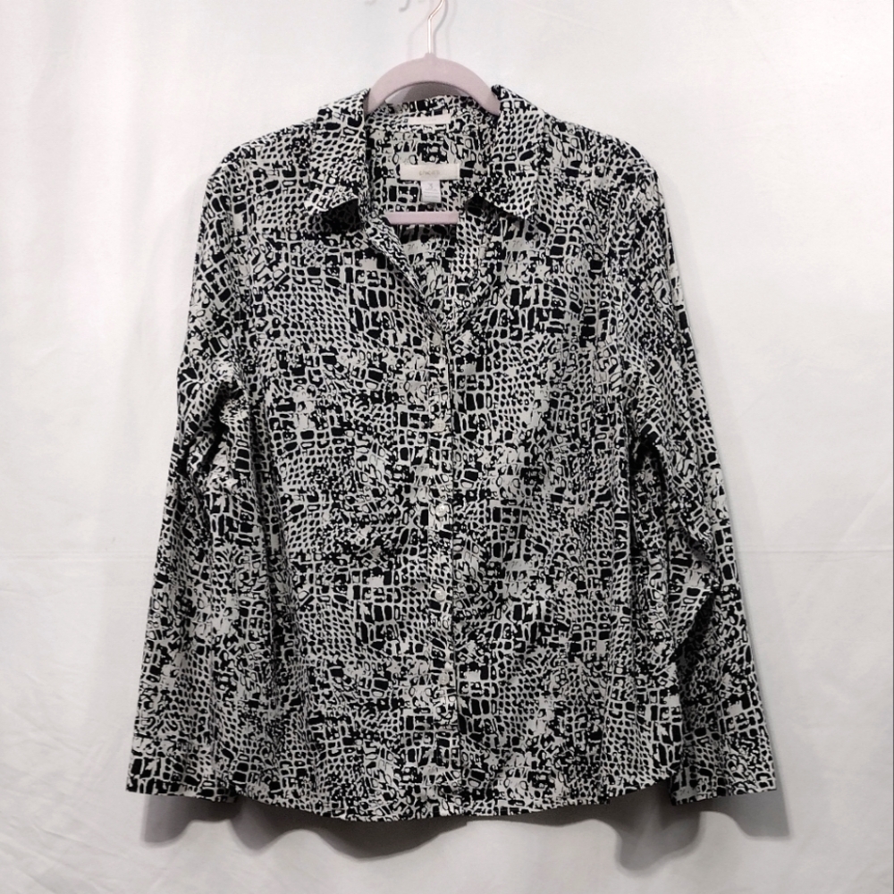 Chico's Snakeskin Button Up Shirt Women's XL Black White Artsy Boho Retro 90s Y2